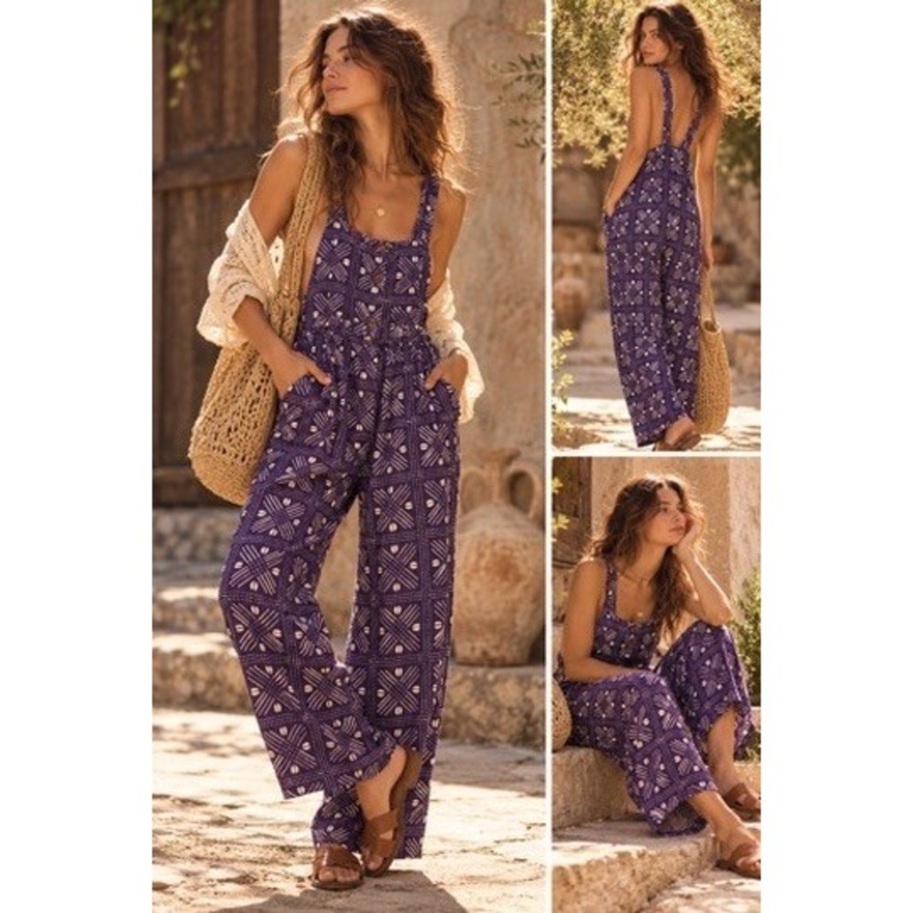 Ade + Ayo Purple Geometric Print Crossback Overalls Womens XL Cotton Tapered Leg